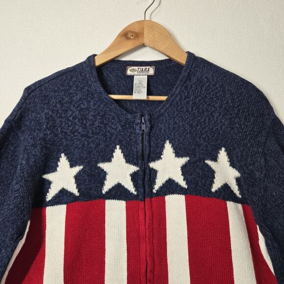 VTG Tiara International Cardigan Sweater sz L Red White Blue Zip Front Patriotic - Picture 2 of 13
